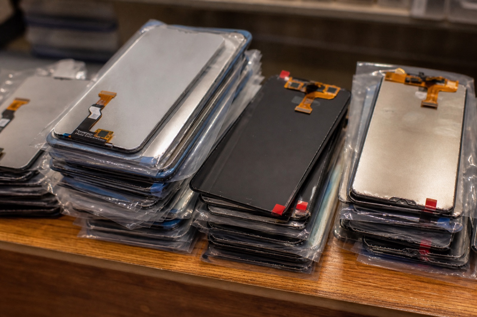Replacement LCD screens stacked on the counter